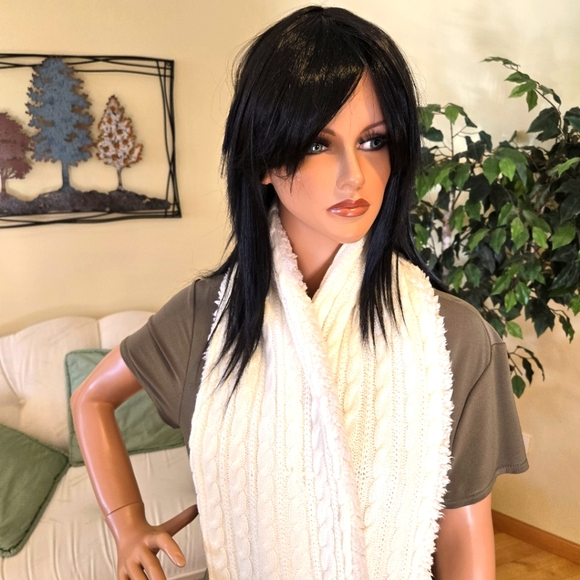 White Reversible Winter Scarf, Side 1 - Cable Knit, Side 2 - Fleece, 72" Length - Picture 3 of 11